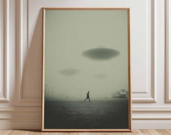 Vintage UFO Poster, Foggy Alien Encounter Wall Art, Retro Sci Fi Print, Surreal UFOs in the Sky Artwork, Dark Atmospheric Decor