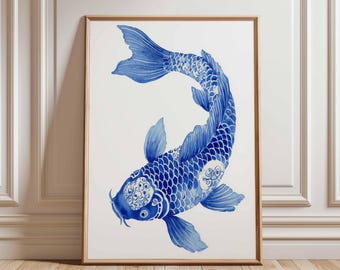 Blauer Koi Fisch Kunstdruck, Aquarell Poster im japanischen Stil, elegante orientalische Wandkunst, Zen-Dekor für Haus oder Büro