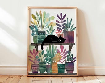 Boho Cat and Plants Poster – Colorful Indoor Jungle Wall Art, Sleeping Black Cat Print, Botanical Shelf Decor, Unframed Design