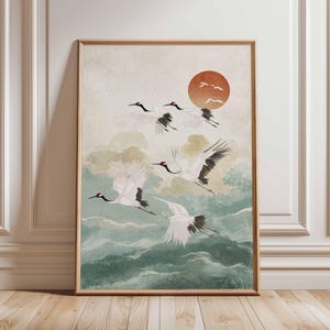 Kraniche fliegend Poster, japanische Kunst Druck, Traditionelle Tuschemalerei, Elegante Vogel Kunst, Natur Wanddekor, Orientalische Landschaft