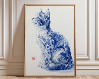 青と白の花模様 猫の陶器置物　アンティーク　ヴィンテージ ヴィンテージ花柄陶器猫置物オーナメント 青と白の装飾品 高さ15cm