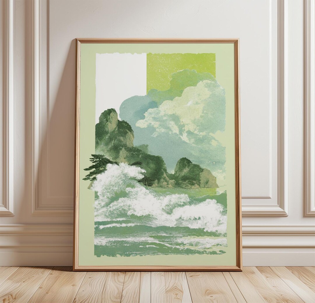 Green Mountain Landscape Poster | Misty Nature Wall Art | Abstract ...