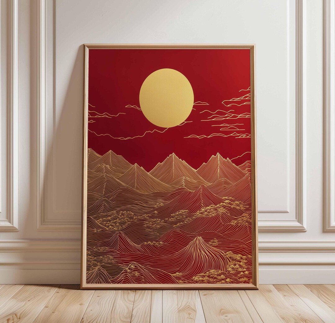 Red and Gold Mountain Art Poster, Abstract Asian Landscape, Golden