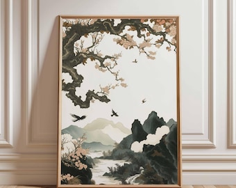 May include: A framed art print featuring an Asian-inspired landscape. The artwork depicts a large tree with pink blossoms, mountains, a river, and flying birds. The color palette includes shades of brown, green, and white.