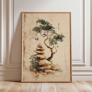 Puede incluir: Impresión artística enmarcada que presenta un paisaje sereno. Un árbol bonsái con follaje verde y un tronco curvado se encuentra junto a una pila de piedras equilibradas. La obra de arte tiene una estética vintage con una paleta de colores neutros, evocando tranquilidad.
