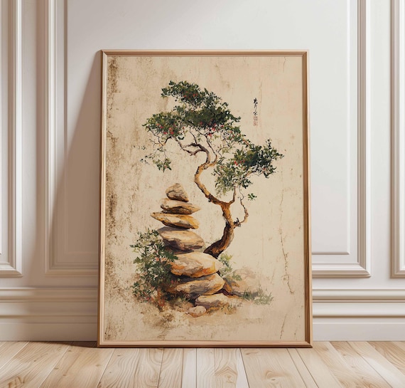 97×130㎝「掛け軸と石と盆栽がある床の間」油彩・原画・F60 禅の木と石積みのポスター、日本の墨絵風ウォールアート、ミニマルな