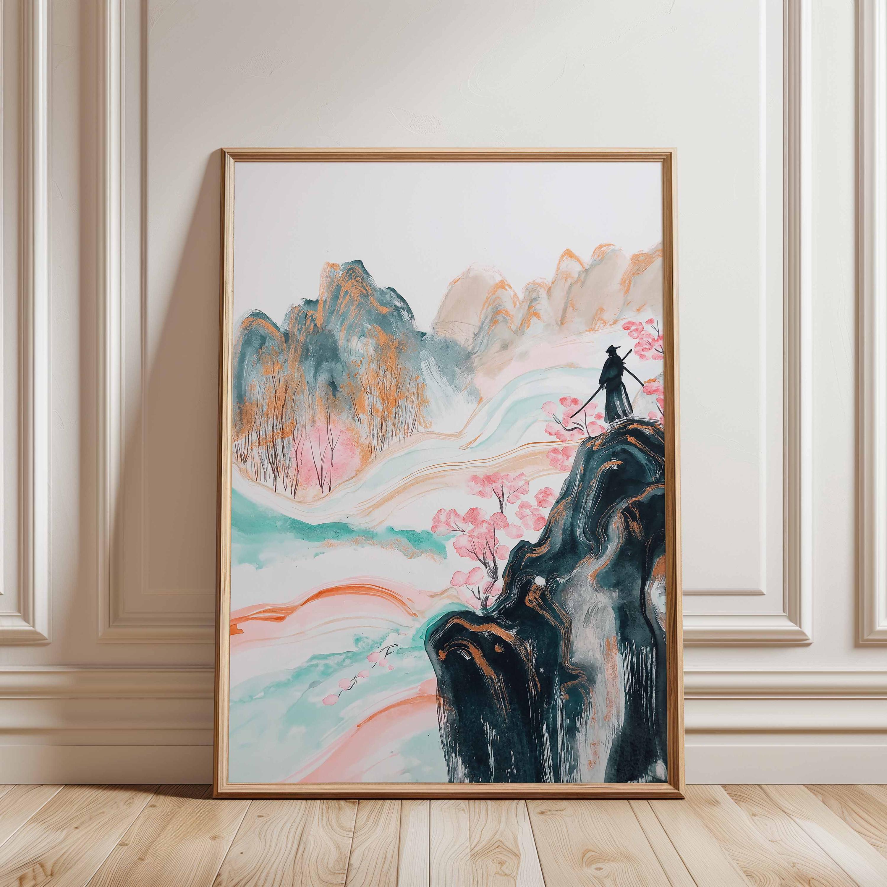 Samurai Mountain Poster, Japanese Watercolor Landscape Wall Art