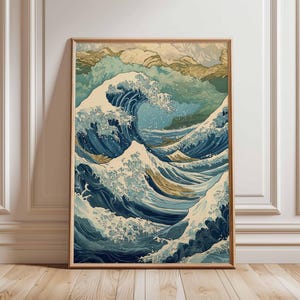May include: A vintage-style print of a large wave crashing in the ocean. The wave is depicted in shades of blue, green, and white, with a hint of gold. The print is framed in a light wood frame.