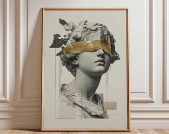 May include: Framed art print featuring a grayscale bust of a classical figure with a gold leaf blindfold. The artwork has a collage aesthetic with geometric shapes and black accents. The print is in a light wood frame.