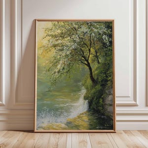 Waterfall Tree Landscape Print, Nature Oil Painting Poster, Serene River Wall Art, Peaceful Forest Scene Decor