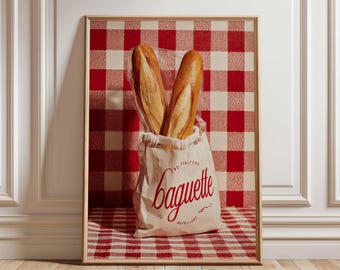 Französischer Baguette-Druck, Gingham-Küchenwandkunst, Pariser Bäckerei-Poster, rustikaler Brotdruck, rot kariertes Lebensmitteldekor, Café-Küchenkunst