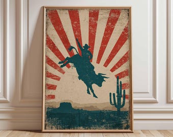 Western Cowboy Poster, Vintage Rodeo Wandkunst, rustikaler Americana Druck, Wüstenlandschaft Dekor, Retro Western Kunstwerk