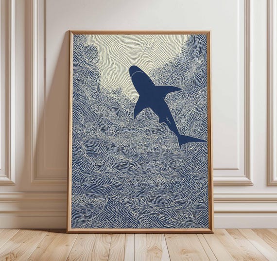 Abstract Linocut Shark Art Print, Nautical Coastal Wall Decor, Blue Minimalist Ocean Aesthetic Poster