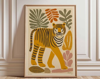 Tiger Jungle Poster, Mid Century Modern Tiger Print, Retro Safari Wall Art, Scandinavian Animal Artwork, Bold Jungle Decor
