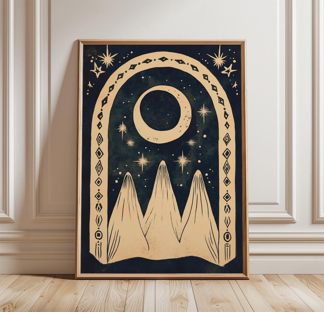 Moon Mountain Poster, Celestial Landscape Wall Art Print, Night Sky ...