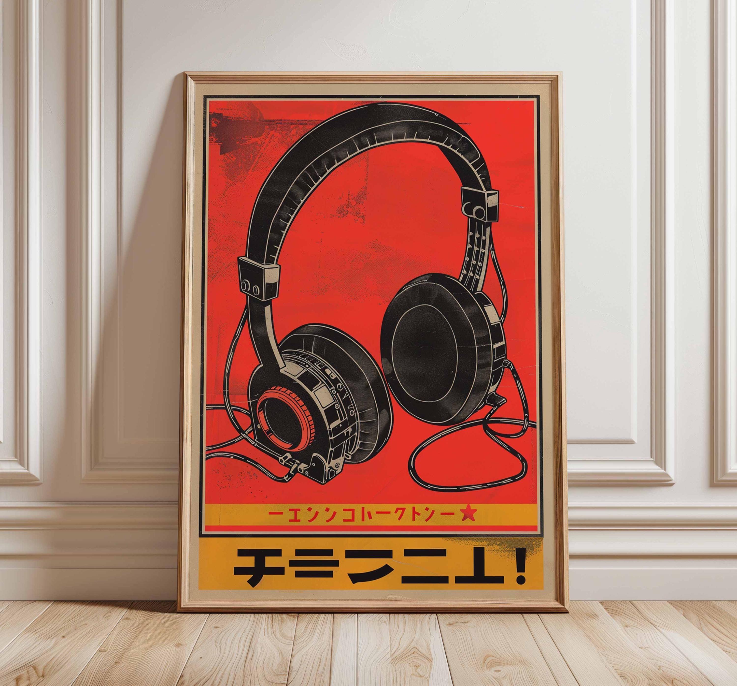 Japanese Headphones Poster, Retro Music Wall Art, Abstract Audio