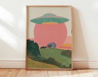 Plakat ścienny z motywem UFO w stylu retro, plakat z surrealistycznym krajobrazem, dzieło sztuki science fiction z połowy XX wieku, dekoracja domu w stylu vintage z motywem statku kosmicznego obcych