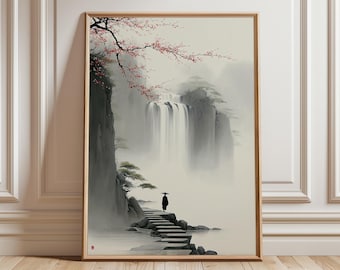 May include: Framed art print of a serene Asian landscape. A figure in traditional attire stands on stone steps leading to a waterfall. Cherry blossoms in pink and red adorn the branches of a tree. The artwork is in a wooden frame.