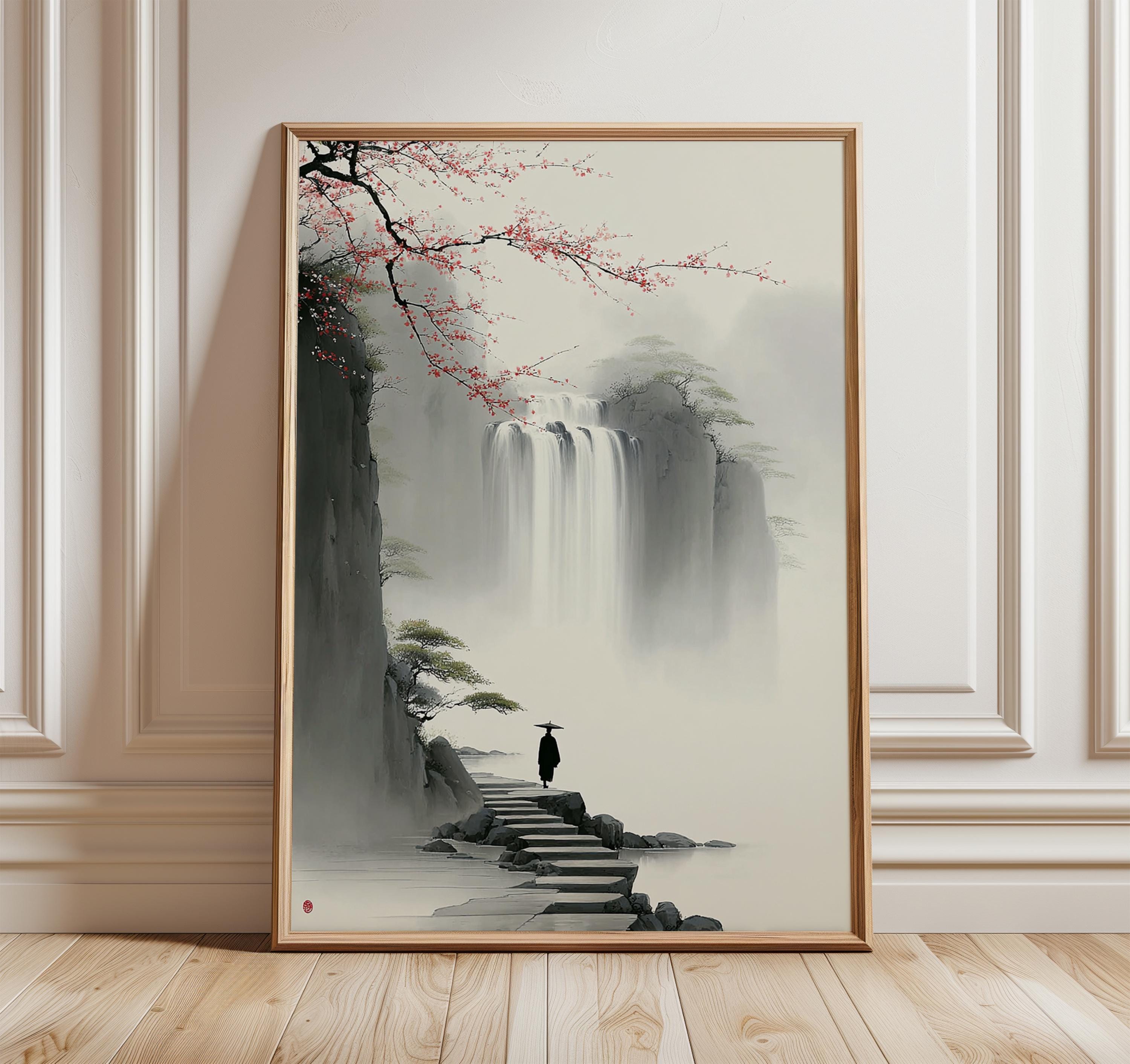 Japanese Waterfall Wall Art, Zen Landscape Poster, Traditional Asian ...