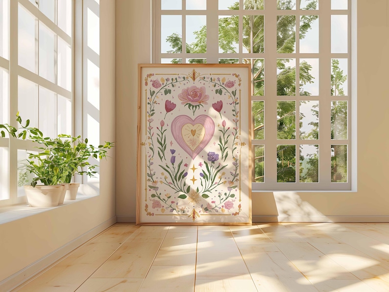 May include: A framed art print featuring a heart design with floral and botanical elements in soft pink, purple, and gold tones. The artwork is displayed in a bright room with a window and plants.