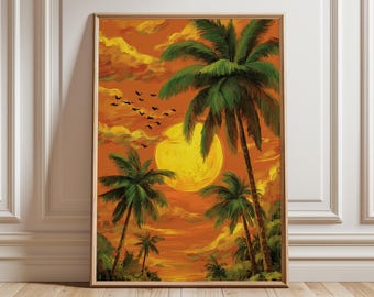 Tropical Sunset Art Print, Palm Tree Wall Art, Vibrant Beach Poster, Orange Sky Landscape Painting, Exotic Coastal Home Decor