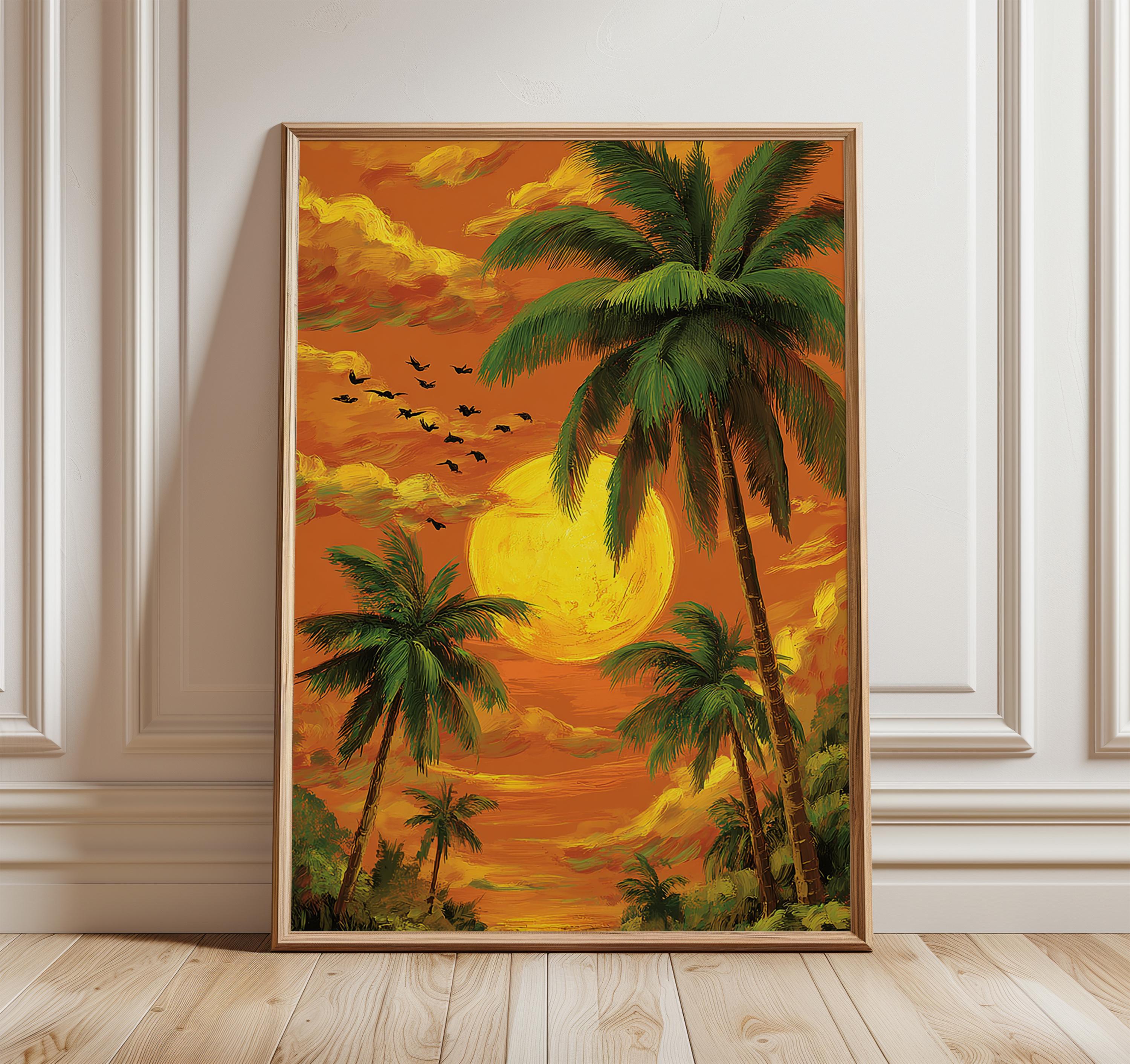 Tropical Sunset Art Print, Palm Tree Wall Art, Vibrant Beach Poster ...