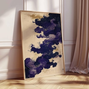 Konstposter med lila moln, abstrakt japansk målning, mystisk molnväggdekor, eleganta lila virvlar, modern heminredning bild 2