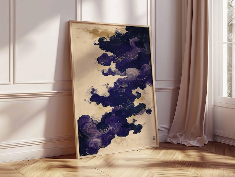 Konstposter med lila moln, abstrakt japansk målning, mystisk molnväggdekor, eleganta lila virvlar, modern heminredning bild 2