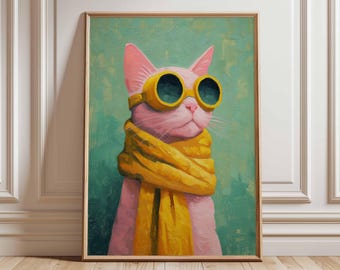 Cool Cat Poster, Funky Animal Wall Art, Pink Cat in Sunglasses Print, Quirky Pop Art Illustration, Fun Pet Lover Home Decor