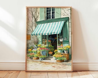 French Flower Shop Print – Vintage Parisian Florist Poster, Botanical Market Wall Art, Spring Floral Illustration, Unframed Art Print