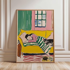 Cozy Bedroom Poster, Woman Sleeping Art, Cat and Couch Print, Colorful Room Wall Art, Relaxing Art Print, Modern Bedroom Poster