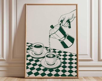 Poster di caffè italiano – Stampa artistica da parete con moka retrò, decorazione da cucina vintage con tazze, illustrazione di un caffè minimalista moderno