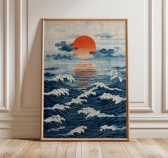 Japanese Ocean Poster, Red Sun Art Print, Blue Wave Coastal Wall