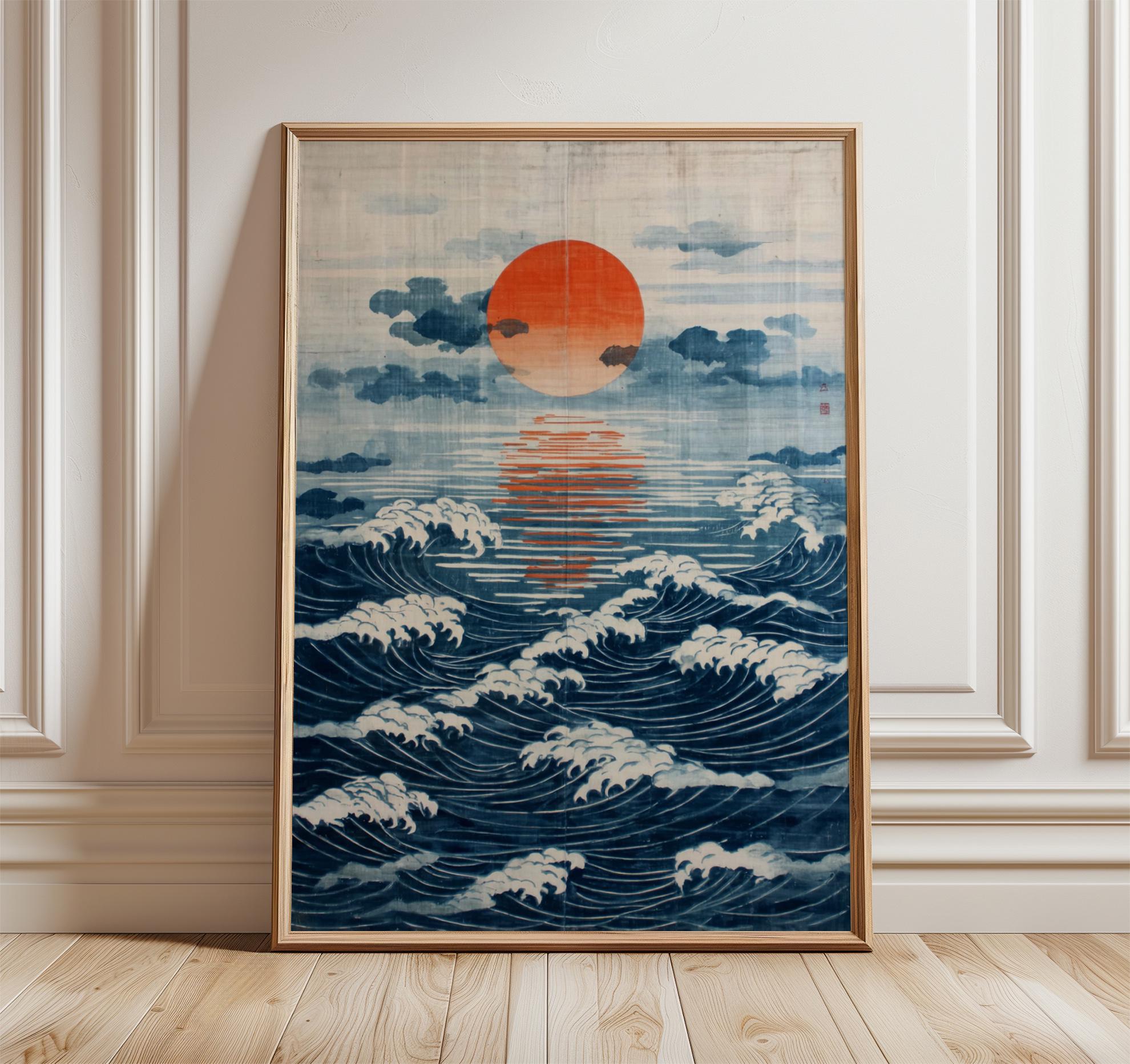 Japanese Ocean Poster, Red Sun Art Print, Blue Wave Coastal Wall