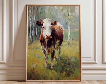Cow in Meadow Oil Painting Print, Rustic Farm Animal Wall Art, Country Pasture Poster, Impressionist Cow Artwork