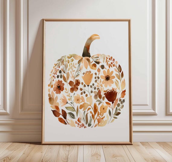 Watercolor Pumpkin Wall Art Print Fall Floral Poster Autumn Harvest Botanical Rustic Farmhouse Halloween Thanksgiving Decor Unframed