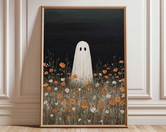 Ghost in the Meadow Poster, Whimsical Halloween Wall Art, Cozy Autumn Print, Cute Spooky Aesthetic Painting, Floral Night Decor Poster