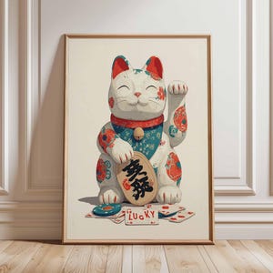 Lucky Cat Poster Japanese Maneki Neko Print – Retro Asian Art Style Wall Decor for Good Fortune, Prosperity & Luck Unframed