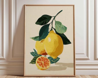 Lemon Wall Art, Vintage Fruit Print, Kitchen Citrus Decor, Botanical Lemon Poster, Tuscan Style Art, Italian Fruit Illustration, Kitchen Art