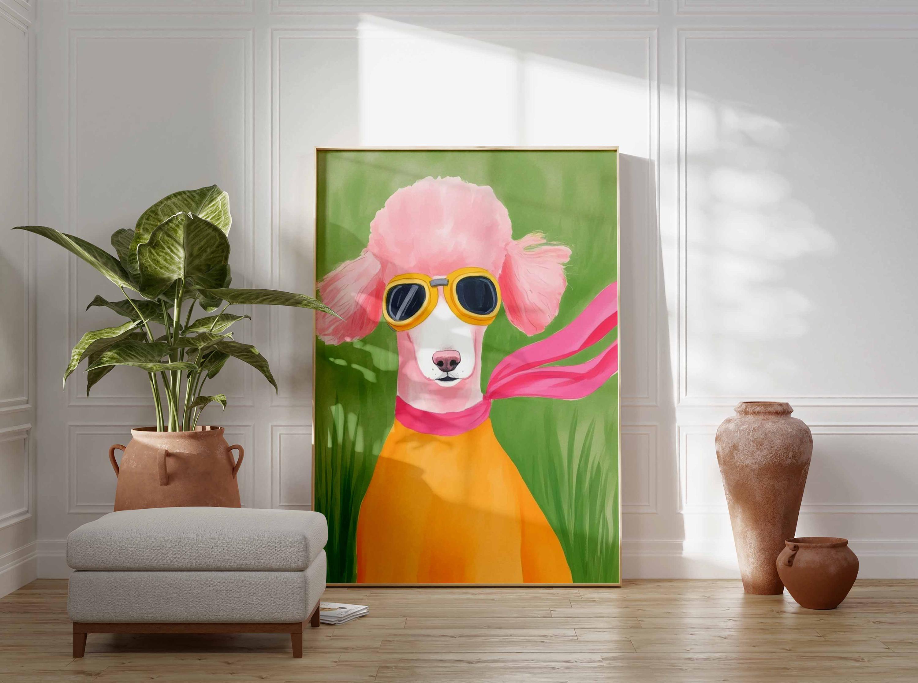 額装品/Family Dog Poster/ビル・ヘンリー/ポスター/インテリア Cool Poodle Dog Poster Print, Funny Dog Wall Art, Colorful Retro