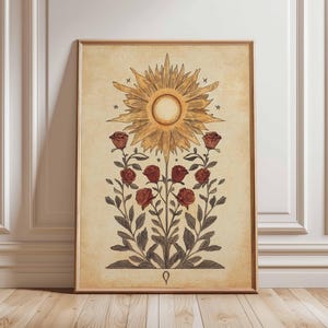 Sun and Roses Poster, Vintage Botanical Wall Art Print, Boho Floral Sun Illustration, Celestial Nature Decor, Unframed Art Print