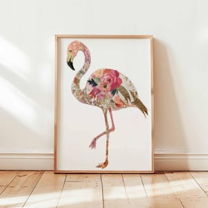 Arte de pared con flamencos florales, póster de aves botánicas, elegante estampado de flamencos rosas, decoración del hogar estilo collage vintage para dormitorio o guardería.