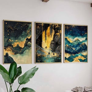 Chinesische Berglandschaft Poster Set, Goldene und Grüne Berglandschaft, Wasserfall & Sternenhimmel Kunst, Traditionelle Naturdrucke, Elegantes Dekor