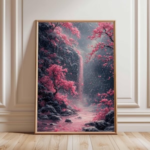 Rosa Kirschblüten-Wasserfall-Plakat, Malerische Naturkunst, Serene-Wasserfall mit blühenden Bäumen, Ruhiger japanischer Kunstdruck