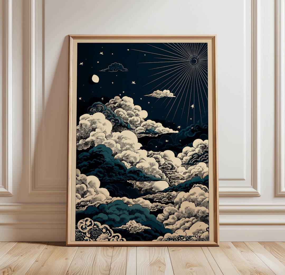 Night Sky Wall Art Poster Moon Clouds Celestial Illustration Dark Blue ...