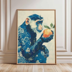 Blue Monkey Art Print – Decorative Jungle Animal Poster, Peach Tree Wall Art, Whimsical Botanical Monkey Illustration (Unframed)
