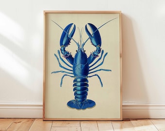 Arte de pared de langosta azul, póster vintage de vida marina, decoración de cocina costera, ilustración náutica marina, impresión de animales del océano sin marco