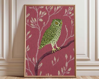 Green Owl Wall Art, Red Background Botanical Poster, Whimsical Forest Bird Print, Nature Inspired Owl Decor, Modern Animal Illustration