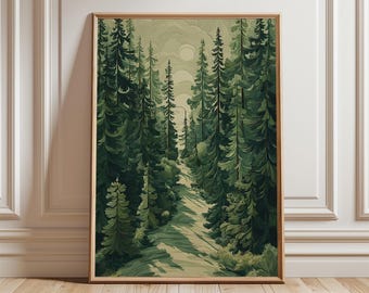Póster de sendero forestal, lámina artística de paisaje natural de pinos verdes en estilo ilustración