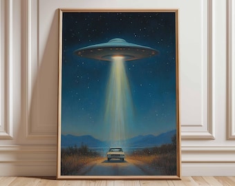 UFO Abduction Poster, Retro Sci-Fi Wall Art, Alien Spaceship Print with Night Sky